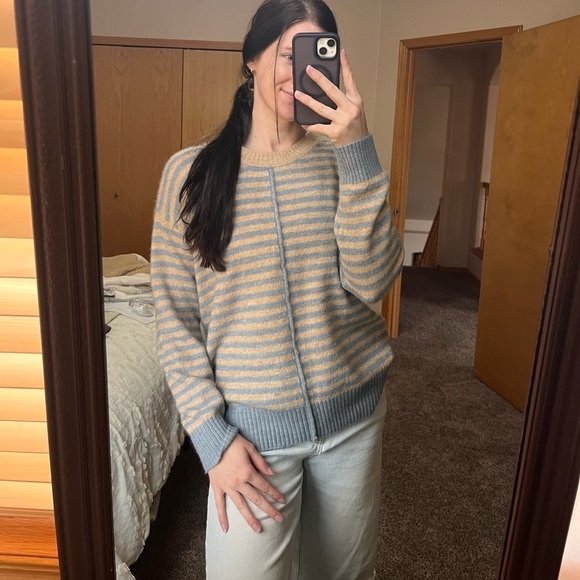 Tribal Sweaters - Tribal Women’s Blue and Tan Striped Crewneck Sweater